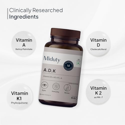 Image of Miduty Vitamin ADK Multivitamin Contains Vitamin A - D3 - K1 - K2 Immunity Booster, Bone Strength, Healthy Heart Vitamin ADK Supplement For Men and Women - 30 Capsules