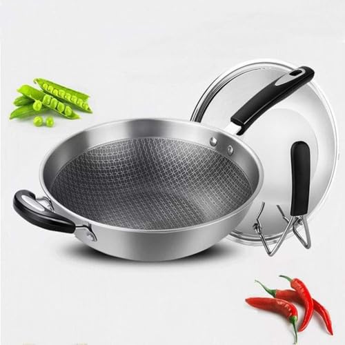 Cacerola Wok Sartén Wok de Acero Inoxidable Olla Antiadherente sin Recubrimiento Wok de Horno electromagnético con Tapa de 32 cm Sartén (32 cm)