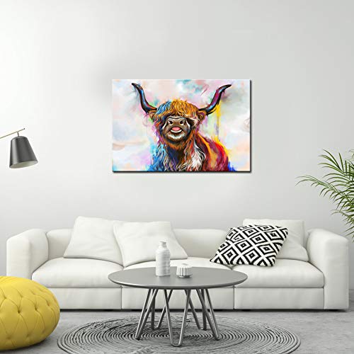 Sechars Funny Cow Canvas Wall Art Colorful Highland Cow Painting Poster Prints Farm Animal Artwork - Farmhouse Living Room Bedroom Kid Room Decor 24X36Inches #TOP1