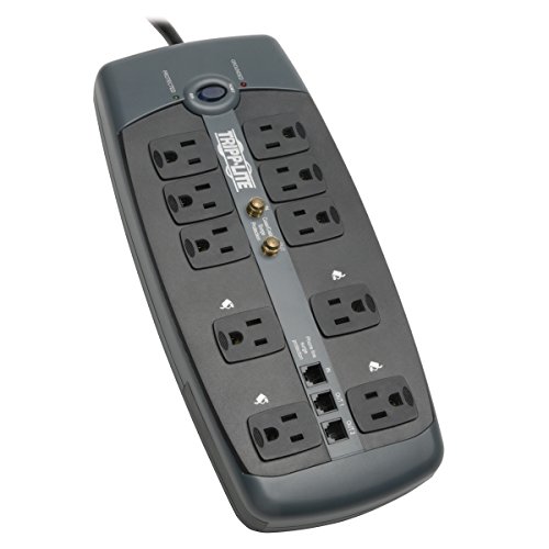 Tripp Lite 10 Outlet Surge Protector Power Strip, 8ft Cord, Right-Angle Plug, Tel/Modem/Coax Protection, RJ11, & $150,000 INSURANCE (TLP1008TELTV)