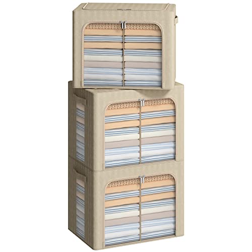 3 Pack Clothes Storage Bins,Foldable Metal Frame Storage Box,Oxford Fabric Clothing Container Organizer Set With Clear Windows&Sturdy Carry Handles For Bedding,Clothing(36L,Beige) #TOP5