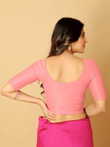 Image of Amazon Brand - Anarva Round Neck Dobby Cotton Lycra Stretchable Elbow Half Sleeve Readymade Saree Blouse for Women Stylish