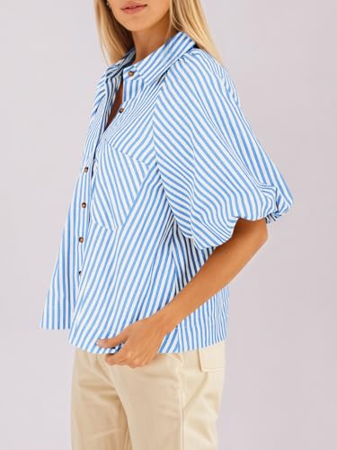 Image of Tankaneo Womens Short Puff Sleeve Button Down Shirts Striped Trendy Casual Loose Fit Blouse V Neck Collared Tops