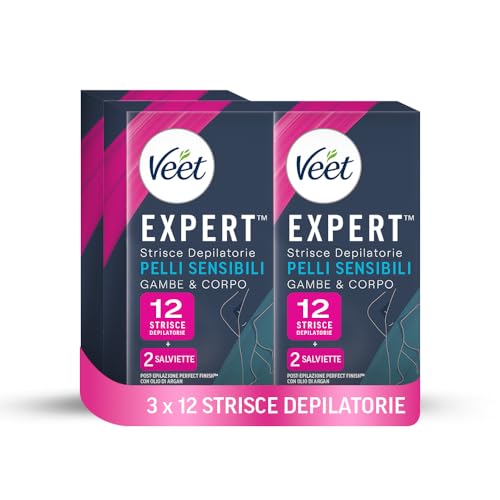 Veet Expert 36 Strisce Corpo e Gambe Pelli Sensibili, 3 confezioni da 12 strisce