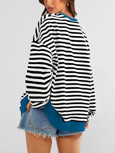Image of PRETTYGARDEN Womens Striped Oversized Sweatshirt Color Block Crew Neck Long Sleeve Casual Loose Pullover Top Y2K Clothes
