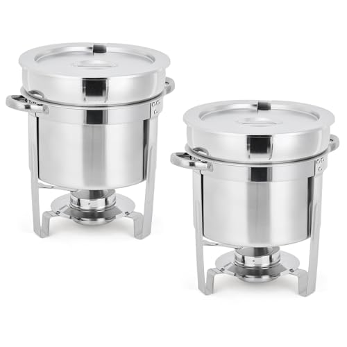 GarveeHome 7QT Soup Chafer Set of 2, Stainless Steel Round Soup Warmer with Pot, Notched Lids & Fuel Holders, Commercial Food Warmer for Buffets, Even
