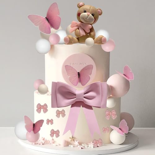 42PCS Pink Bow Bear Cake Toppers & Decorations