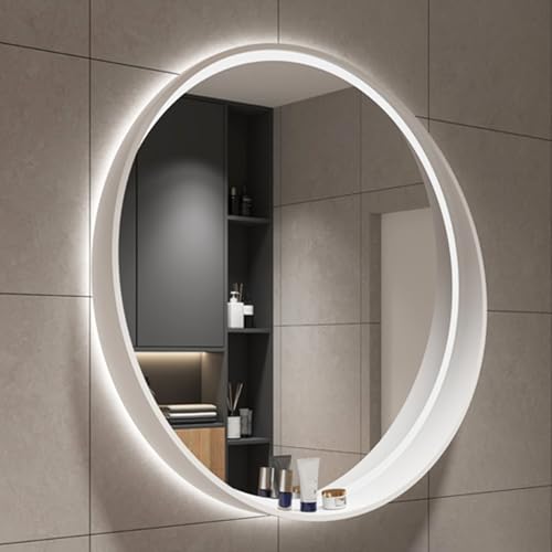 Espejo de baño redondo LED de 70 cm con madera e Vinta Cle Vani espejo para sala de estar, pasillo y dormitorio, espejo de maquillaje Lar en color blanco h