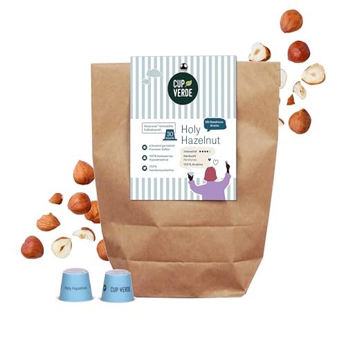 CUP VERDE – 30 Haselnuss Kaffeekapseln kompatibel mit Nespresso*. HOLY HAZELNUT 100% Arabica mit unwiderstehlichem Haselnussaroma. Nachhaltig und unglaublich lecker. (30 Stück)