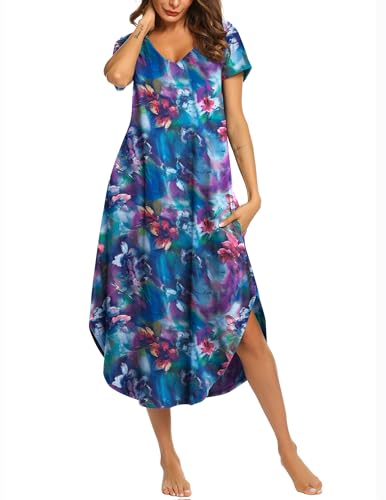 Image of Ekouaer Long Nightgowns for Women Short Sleeve House Dress with Pockets V Neck Sleepshirts Side Split Sleepwear S-4XL