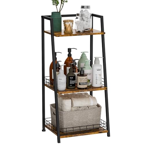 3-Tier Bathroom Shelf with Fence, Retro Bathroom Organizers and Storage Stand, Wood Shelving Unit with Metal Frames, Classic Open Floor Storage Shelves for Bathroom, Laundry Room, Living Room