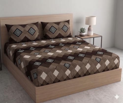 Image of DECOMIZER Cotton Feel All Around Elastic Fitted Glace Printed Queen Size Double Bed Bedsheet with 2 Large Pillow Covers Fits Upto Mattress of 8 Inches,Size - 60 x 78 x 10 Inches, Beige Coffee Box