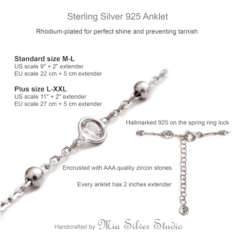 Ankle Bracelets for Women 925 Sterling Silver Rhodium Plated - Minimalist Anklets for Women White CZ and Beads - Adjustable Medium and Extra Long Plus Size 9"-13" - Perfect All-Season Gift for Her by Mia Silver Studio - Image 6