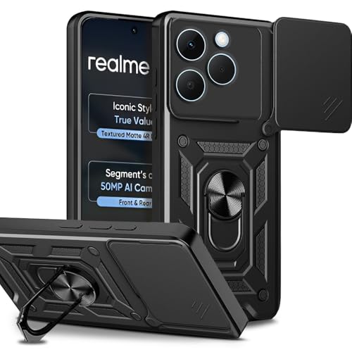 Image of AESTMO Tough Armor Realme 15T 5G Bumper Back Case Cover | Ring Holder & Sliding Camera Shield Cover | 360 Degree Protection Back Case Cover for Realme 15T 5G (Black)