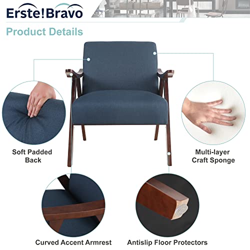 Erste!Bravo Accent Chair For Living Room Bedroom, Modern Comfy Arm Chair, Linen Fabric Lounge Chair With Solid Wood Arm & Legs, Upholstered, Blue #TOP5