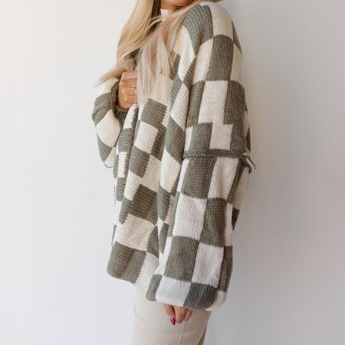 Image of Womens Checkered Cardigan Sweater Loose Long Sleeve Open Front Sweater Knit Coat Casual Oversized Plaid Cardigan Tops