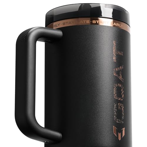 Image of STANLEY x Messi Quencher ProTour Flip Straw Tumbler with Leakproof Lid, 40 oz | Built-in Straw and Handle | Cup Holder Compatible for Travel | Insulated Stainless Steel | BPA-Free | Messi Goat Black