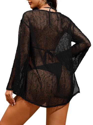 Image of Lilosy Sexy Crochet Sheer Kaftan Caftan Beach Dress Bathing Suit Swim Coverup Summer Vacation Outfits One Piece