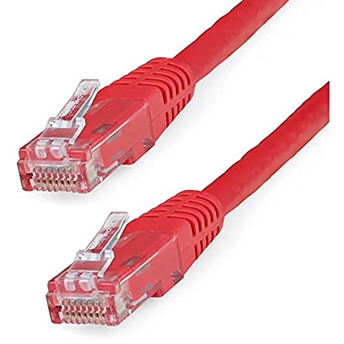 Image of StarTech 25ft CAT6 Ethernet Cable - Red CAT 6 Gigabit Ethernet Wire -250Mhz 100W PoE RJ45 UTP Molded Network Patch Cord with Strain Relief (C6PATCH25RD) | 250MHz bandwidth, Gold-plated RJ45, Patch Cable, Ethernet Cord, UTP Molded Network, Strain Relief, 10Gbps speeds