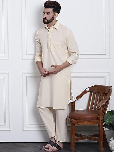 Image of SOJANYA Men's Cotton Silk Pathani Kurta Set with Wide Leg Straight Fit Salwar