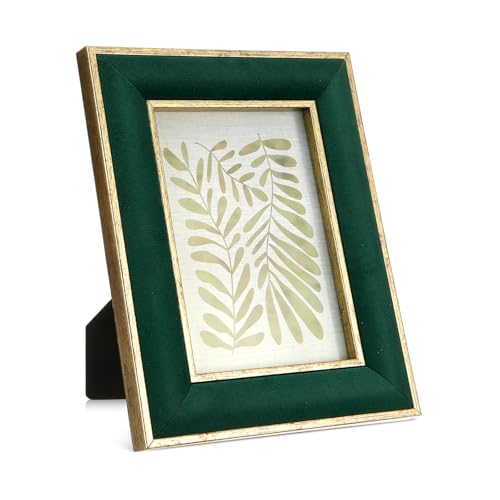Kathfly 1 Pcs Green Velvet Picture Frame 4 x 6 Inch Vintage Photo Frame with Gold Metal Edge Horizontal & Vertical Mount for Poster Artwork Puzzles Tabletop Wall Display Christmas Home Office Decor