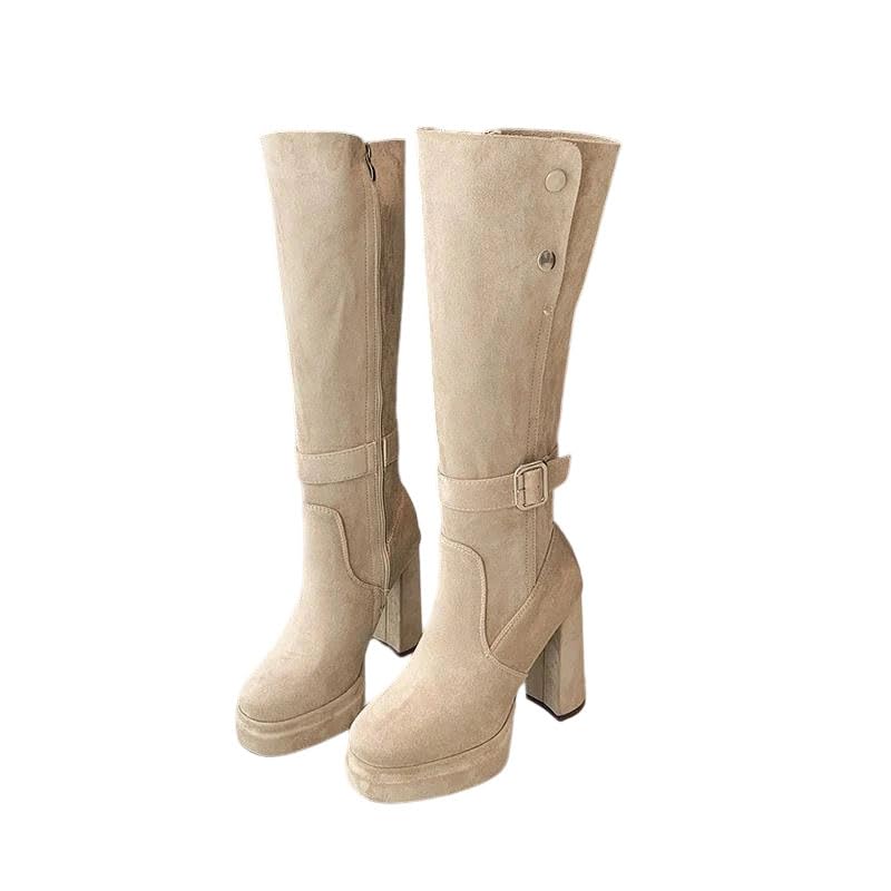 Womens Vintage Platform Knee High Boots Slip-On Thick Heel Autumn Winter Suede Long Booties
