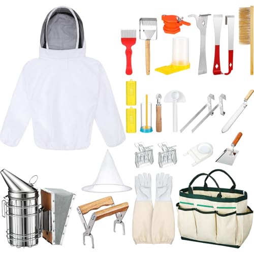 Leriton 30 Pcs Beekeeping Supplies Beehive Equipment Beekeeping Starter Kit Bee Keeper Supplies All with Jacket Beehive Kit Bee Smoker Uncapping Tool for Beginners Professional Beekeepers(X-Large)