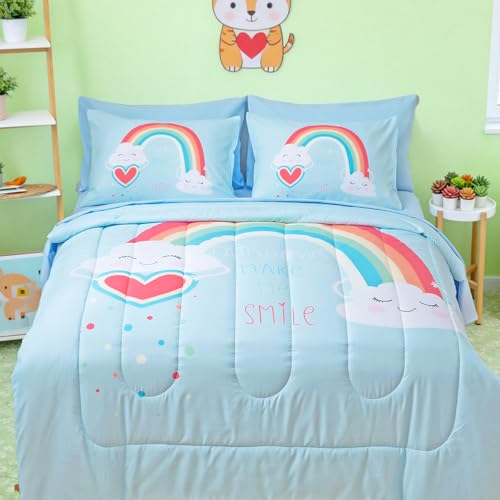 Image of Kids Bedding Twin Set for Girls Boys- Rainbow 5-Piece Comforter Set with Sheets, Pillowcase & Sham, Soft and Cozy