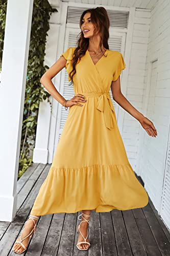 PRETTYGARDEN Women's Summer Floral Boho Maxi Dress Wrap Short Sleeve V Neck Ruffle A-Line Flowy Wedding Guest Long Dresses