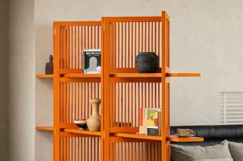 Image of Wooden Partition Divider for Living Room, Partition Wall, Privacy Divider, Freestanding Folding Panels for (6 Feet 6 Panel with 3 Shelve) (6 Feet 6 Panel Orange Shelves)