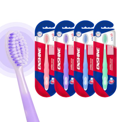 Image of Enshine Expert Protection Toothbrush for Adults - Pack of 4 | Double-Tapered Ultra Soft PBT Bristles | Premium Tooth Brush Set for Sensitive Gums | Deep Gum-Line Plaque Removal | Manual Toothbrush with Non-Slip Grip Multicolor