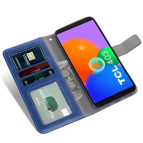 Asuwish Compatible with TCL 403 Wallet Case Tempered Glass Screen Protector Credit ID Slot Leather Flip Cover Card Holder Stand Cell Accessories Phone Cases for TCL403 Women Men Blue