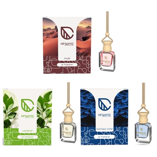 Image of Airganic Swing Prime Car Perfume Hanging Pod | Musk, Camphor & Cool Aqua Water| Pack 3 | Car Air Freshener |Natural Essential Fragrance Oils in Glass Bottle with Wooden Diffuser Lid |Last Upto 60 Days