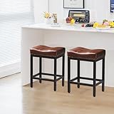 Sweetcrispy 24 inch Bar Stools Set of 2, Upholstered Modern Counter Height Bar Stools for Kitchen Island Modern PU Leather Sadless Stools Chair with Metal Base and Footrest, Brown