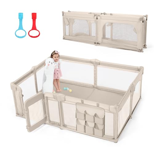 Image of Baby Playpen,79"x59" Foldable Playpen for Babies and Toddlers with Gate,Large Baby Play Pens with Zipper Door,Play Yards Play Area (Light Khaki)