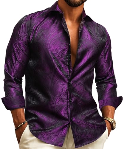 Barry.Wang Chemise habillée pour homme en soie cachemire à manches longues boutonnée grande et...