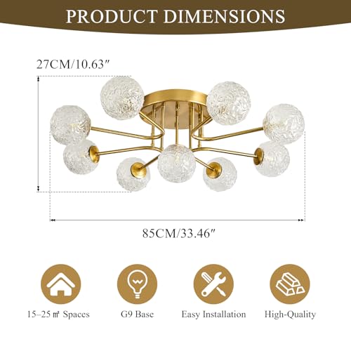 Image of Sputnik Semi Flush Mount Ceiling Light Gold Glass Globe Chandelier Ceiling Lighting Mid Century Modern 9 Lights Bubble Chandelier for Dining Living Room Bedroom