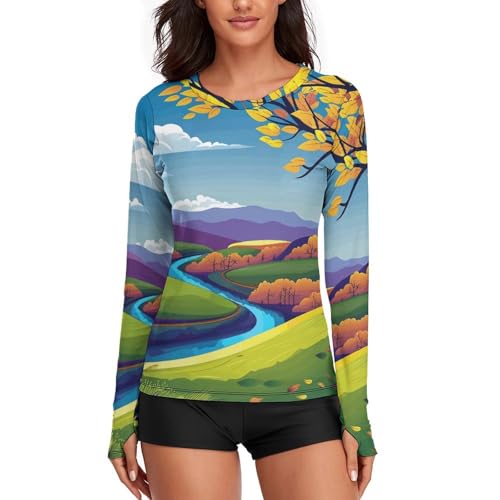 Trees and Mountains Rash Guard for Women Long Sleeve Swimsuits Sun Protection Sun Shirt Swim Shirts Hiking Tops