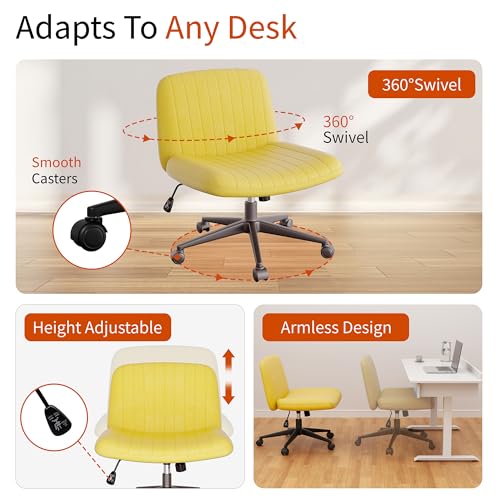 Image of Criss Cross Chair with Wheels, Cross Legged Office Chair, Armless Office Chairs Adjustable Height Swivel Tilting Fabric Vanity Chairs for Home Bedroom (Yellow)