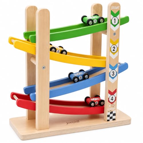 Jumini Wooden Car Ramp Racer for Toddlers Click Clack Track with 4 Cars Retro Scandi Educational Toy UK Design Non-Toxic Paint Sustainable Wood Ages 18 Months+