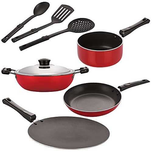 Image of Nirlon Nonstick Coated Aluminium 7 Pcs Set of Concave Tawa-28.5cm,Deep Kadhai-24cm,Sauce Pan-16cm,Tapper Pan-24cm & 3 Spoon (2.6mm CT12 DKD(B) SP(M) TP24 3SPN)