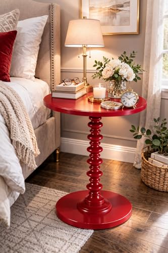 Image of Kundi Round Coffee End Table for Living Room - Modern Brown Accent Pedestal Side Table for Bedroom & Home Decor (Red)