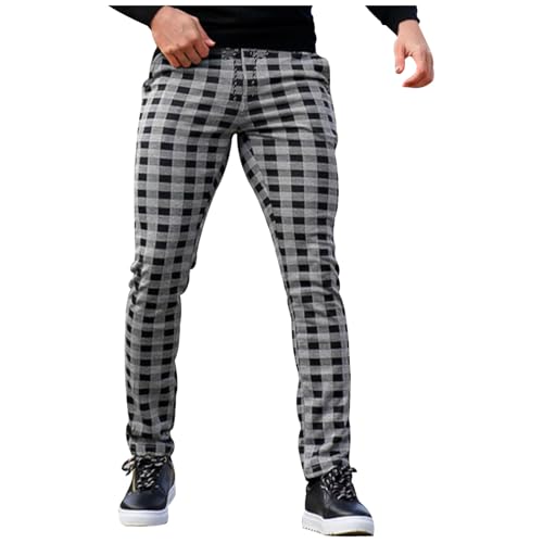 Cambkatl Men's Stretch Drawstring Dress Pants Slim Fit Plaid Skinny Business Casual Golf Suit Pants with Pockets