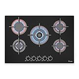 KKT KOLBE Placa de gas 74 cm de cristal sin marco | 5 fuegos 10,6 kW con zona wok | mandos giratorios, parrillas de hierro fundido | apta gas natural y propano | G805G
