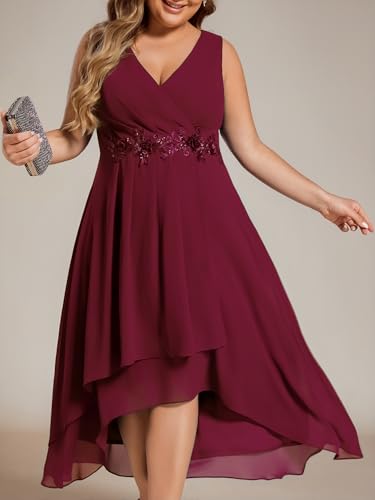 Image of Ever-Pretty Plus Women's V Neck Applique Chiffon Pleated Sleeveless Midi Plus Size Cocktail Party Dresses