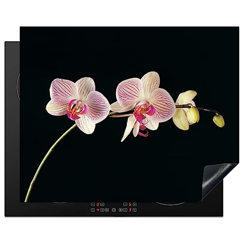 KitchenYeah© Herdabdeckplatte Einteilig Ceranfeld Abdeckplatte für Induktionsschutz Ceranfeldabdeckung Vinyl Herdabdeckplatten Orchidee - Pink - Blumen - Schwarz - Rosa - Natur - 65x52 cm
