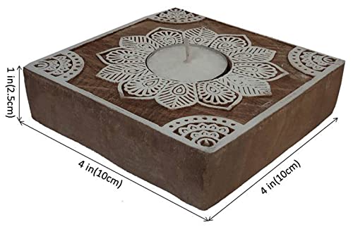 Image of Purpledip Wooden T Light Candle Holder: Unique Printing Block Rangoli Design (12509)