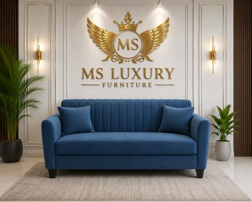 Image of MS Luxury FURNITRE Premium Luster 3-1-1 Sofa Set | 3 Seater | 5 Seater | Velvet Suede Fabric | 7 Colours with Sollid fibare Legs & 4 Cushion Free. (Blue, 3 Seater)
