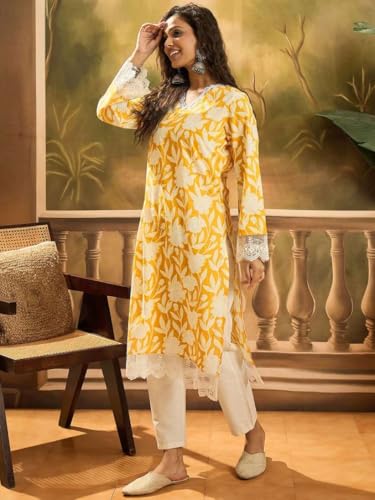 Image of Women's Floral Printed Cotton Afgani Kurta with Lace Detail Full Sleeves