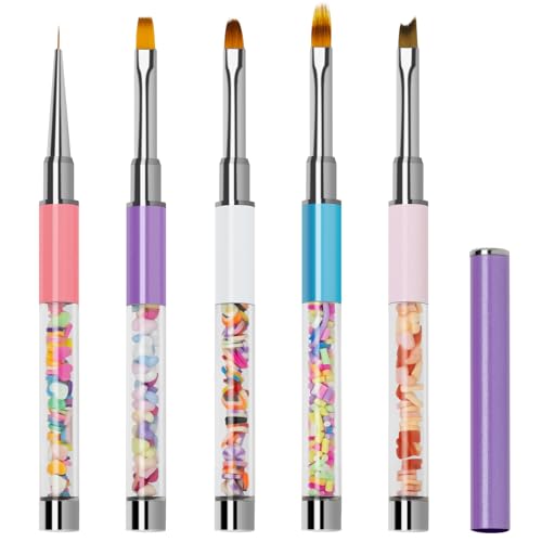 Lokaloka 5 Pinceles Kawaii para Uñas de Gel Nail Art con Tapa y Ombre, Pincel Semipermanente Decoracion Ovalado Francesa Plano Fino Profesional Kit Construcción Acrilicas Manicura Set